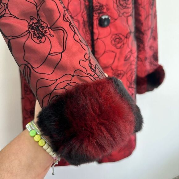 Overland Reversible Women’s Black Rabbit Burgundy Red Rex Rabbit Trim Collar Cuf - Picture 15 of 16